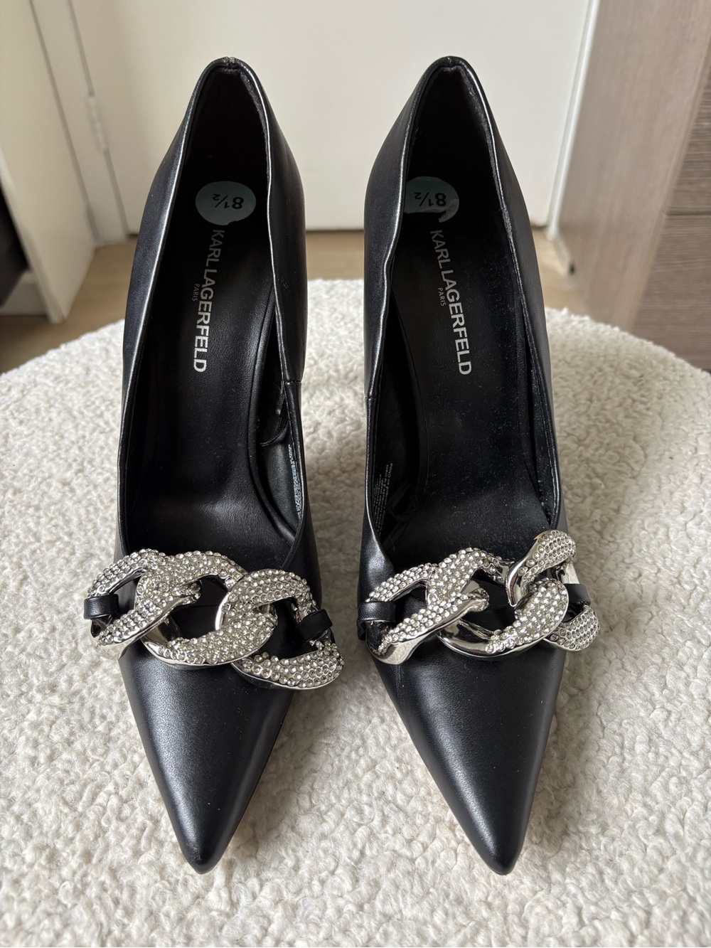 Karl Lagerfeld Black Leather Pointed Toe Pumps with Crystal Chain sz 8.5/39